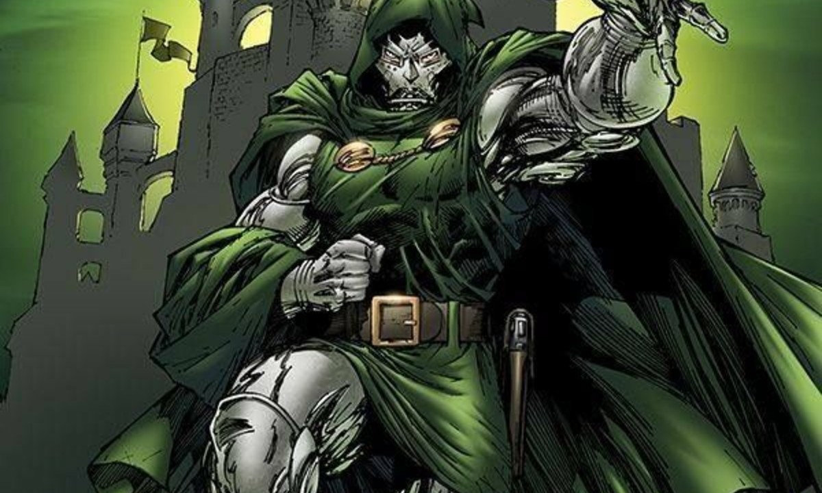 Comic art featuring Doctor Doom in his iconic green cloak and metal armor, pointing forward menacingly.