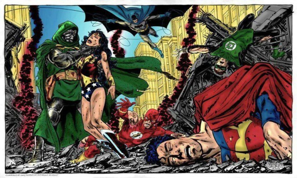 Doctor Doom stands triumphant over a defeated Justice League in a rubble-filled, urban setting.