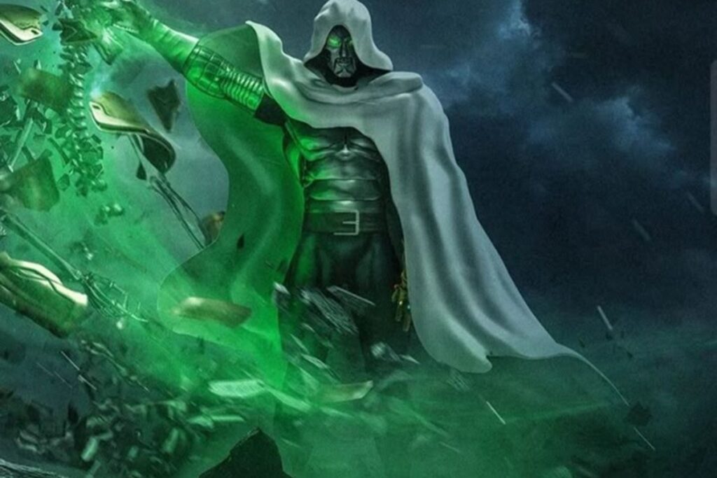 God Emperor Doom, cloaked, emanates powerful green energy, shattering a metallic structure amidst a stormy backdrop.