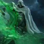 God Emperor Doom, cloaked, emanates powerful green energy, shattering a metallic structure amidst a stormy backdrop.