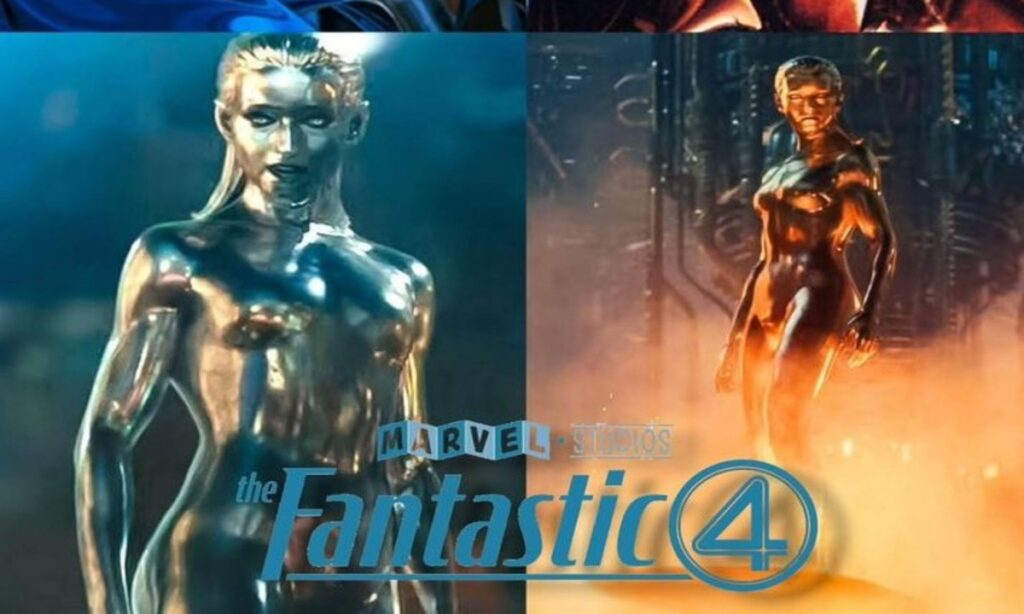 Two depictions of a metallic, female character, possibly Silver Surfer, are shown against contrasting blue and fiery orange backgrounds.