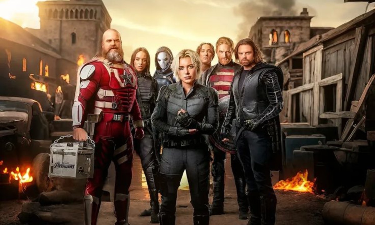 A group of costumed individuals, possibly the Thunderbolts, stands together amidst a war-torn, urban setting with fiery debris.