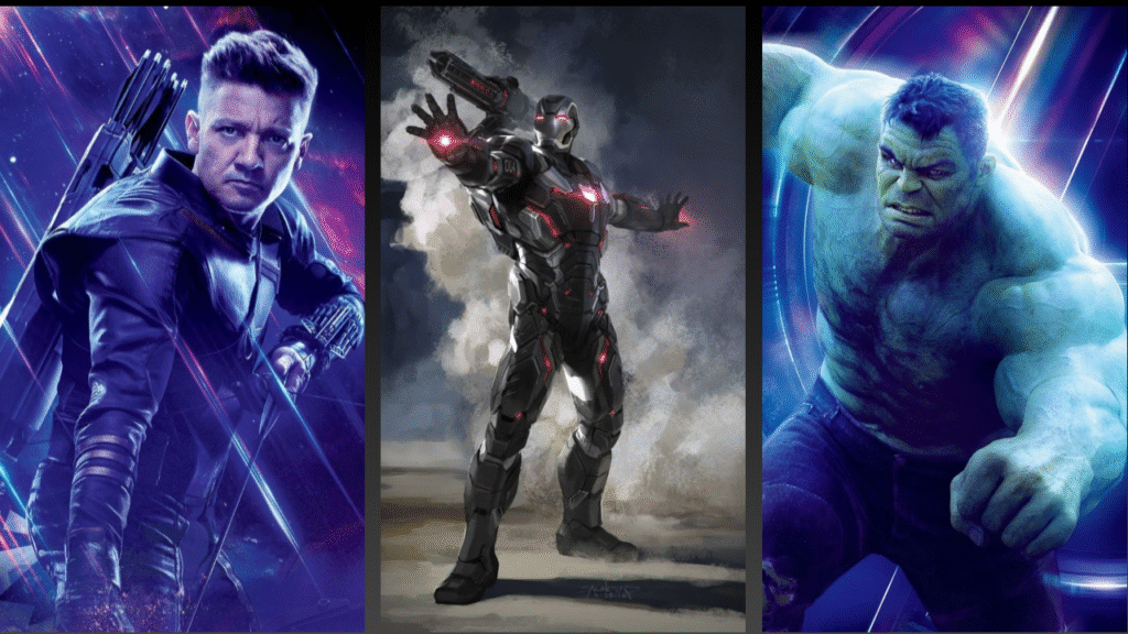 Hawkeye, War Machine, and Hulk from Avengers posing in intense battle-themed backgrounds.
