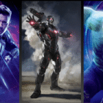 Hawkeye, War Machine, and Hulk from Avengers posing in intense battle-themed backgrounds.