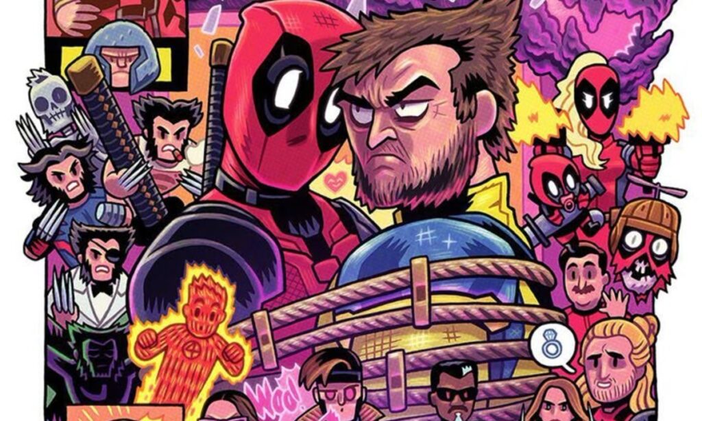 Colorful cartoon showing Deadpool, Wolverine, mutants, and chaos from the Marvel comic universe.