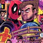 Colorful cartoon showing Deadpool, Wolverine, mutants, and chaos from the Marvel comic universe.