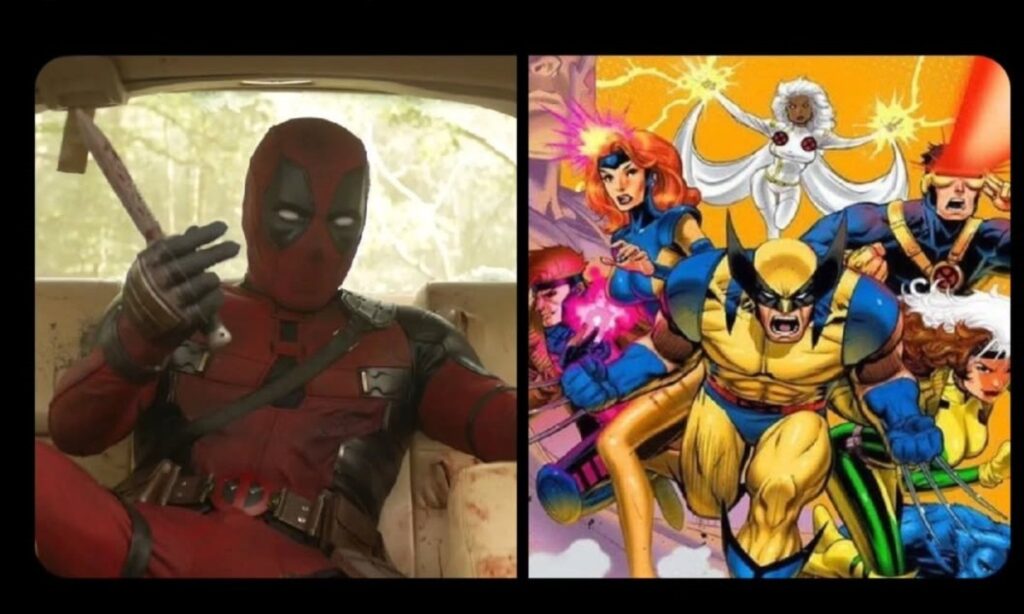 Deadpool sits in a vehicle next to a comic panel featuring classic X-Men characters in action.