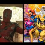 Deadpool sits in a vehicle next to a comic panel featuring classic X-Men characters in action.