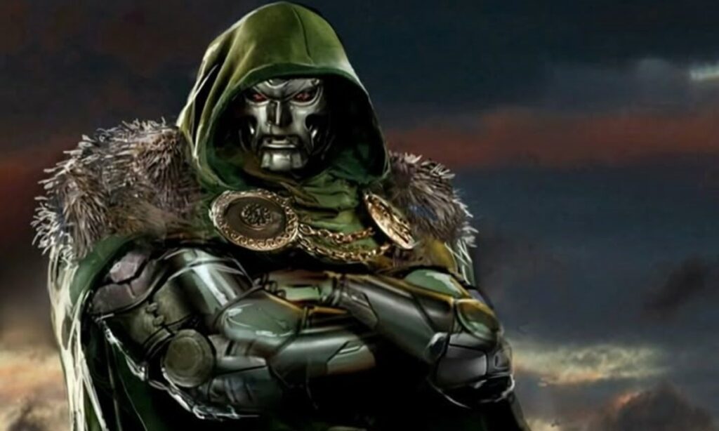 Doctor Doom, wearing a metallic mask and green hooded cloak with fur trim, stands against a dark sky.