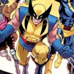 Wolverine leads a determined group of X-Men including Cyclops, Gambit, Bishop, and possibly others, advancing forward.
