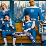 The Fantastic Four – Invisible Woman, Mister Fantastic, Human Torch, Thing – pose casually with H.E.R.B.I.E. against a cityscape.