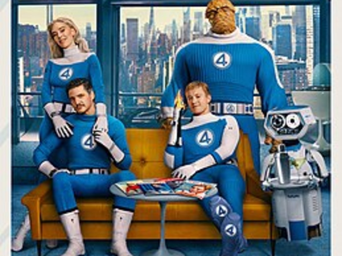 The Fantastic Four – Invisible Woman, Mister Fantastic, Human Torch, Thing – pose casually with H.E.R.B.I.E. against a cityscape.