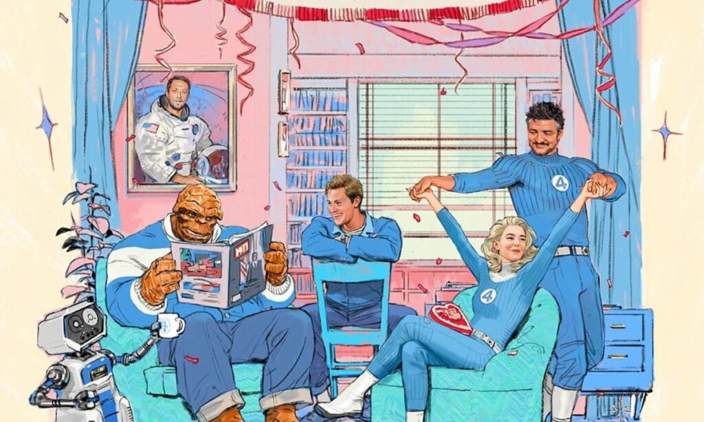 The Fantastic Four and H.E.R.B.I.E. enjoy a festive moment in their decorated Baxter Building home.