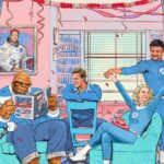 The Fantastic Four and H.E.R.B.I.E. enjoy a festive moment in their decorated Baxter Building home.