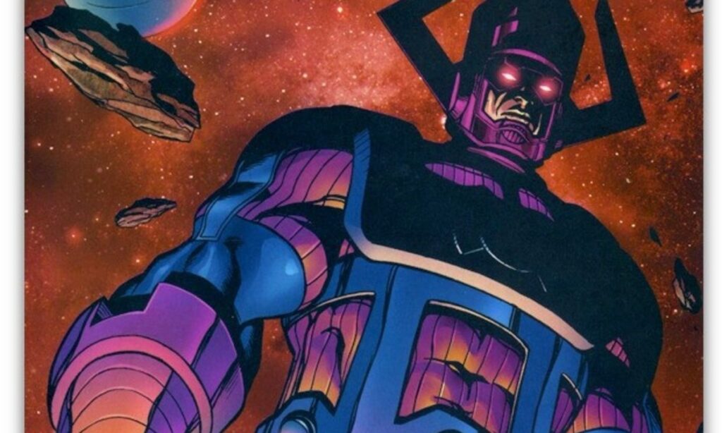 Galactus, a towering figure in purple and blue armor, looms amidst cosmic debris and a fiery red nebula.