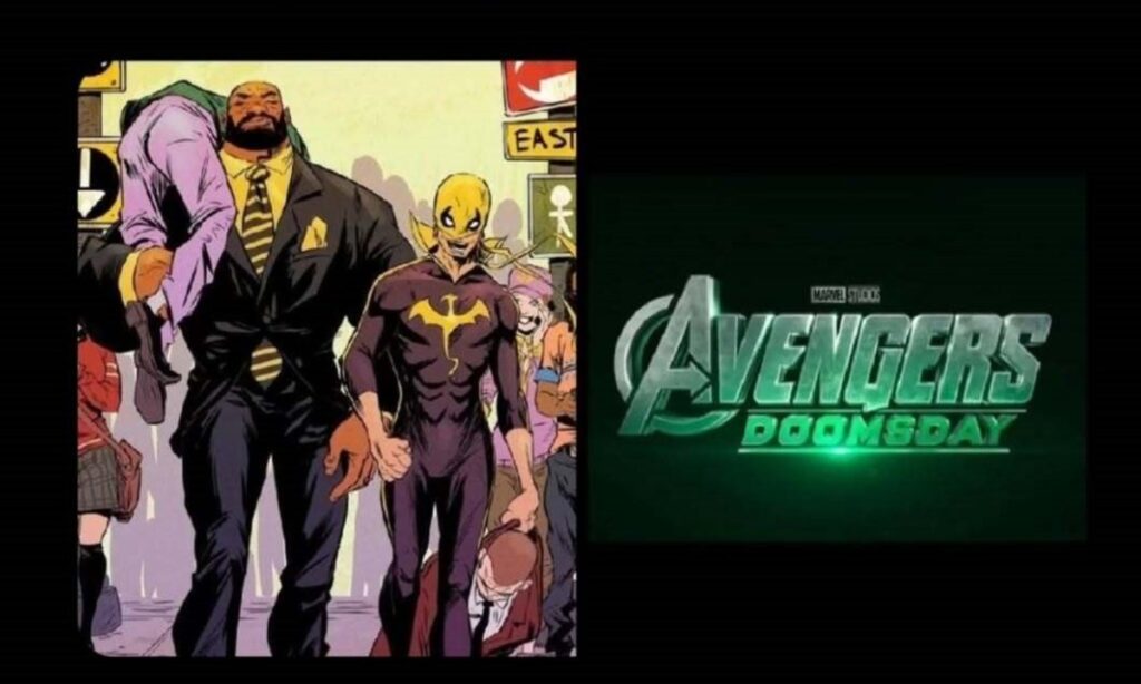 Luke Cage and Iron Fist walk confidently beside Avengers Doomsday logo, ready for war.
