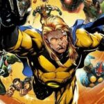 The Sentry powerfully flies forward, surrounded by other airborne heroes in a dynamic comic book scene.