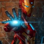 Ironheart in advanced armor suit aims glowing repulsor beam at enemy near brick wall.
