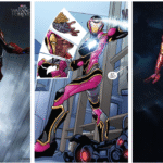 Three Ironheart armors shown: Wakandan, pink-gold comic suit, and classic red-gold armor.
