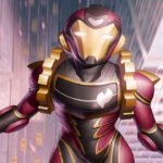 Ironheart in high-tech red armor flying between skyscrapers with glowing eyes and clenched fists.
