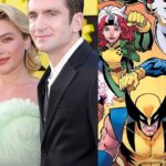 Jake Schreier and Florence Pugh beside iconic comic artwork featuring Wolverine and Rogue.