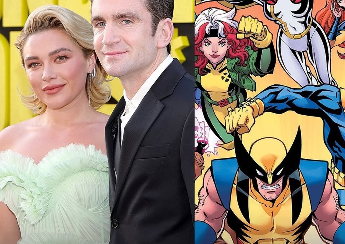 Jake Schreier and Florence Pugh beside iconic comic artwork featuring Wolverine and Rogue.