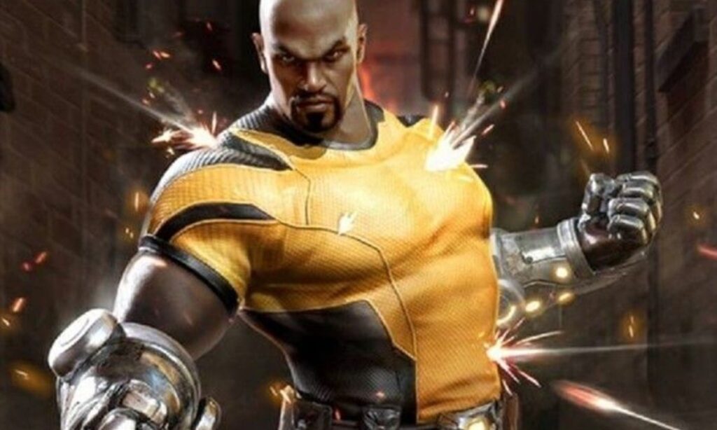 Luke Cage, with metallic gauntlets and wearing a yellow and black shirt, stands strong amidst sparking impacts.