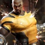 Luke Cage, with metallic gauntlets and wearing a yellow and black shirt, stands strong amidst sparking impacts.