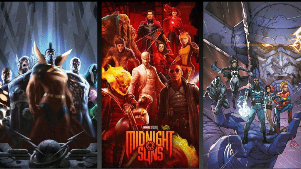 Three images showcase the Midnight Suns team and a comic panel featuring Galactus with heroes.