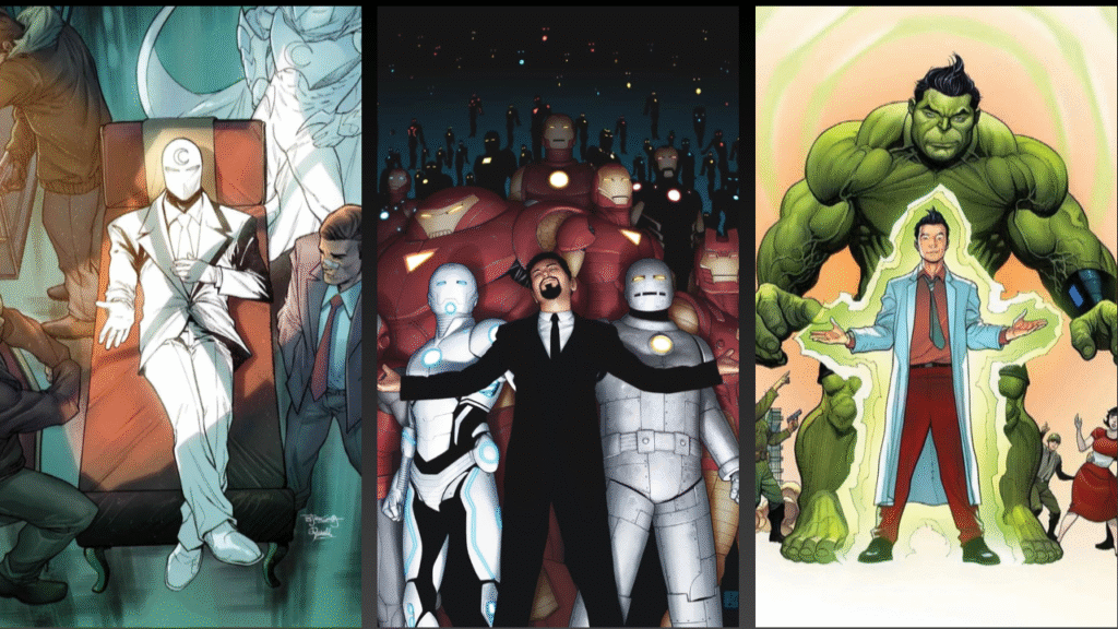 Moon Knight, Iron Man, and Brawn showcasing wealth, power, and superhero transformation side-by-side.