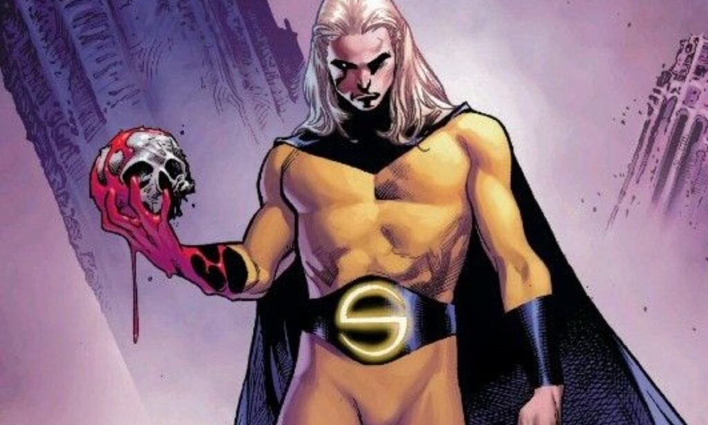 The Sentry, with long blonde hair and a determined gaze, holds a bloodied skull in his hand.