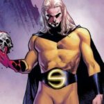 The Sentry, with long blonde hair and a determined gaze, holds a bloodied skull in his hand.