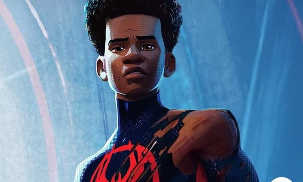 Animated Miles Morales in torn suit, staring determinedly in a blue-lit background scene.