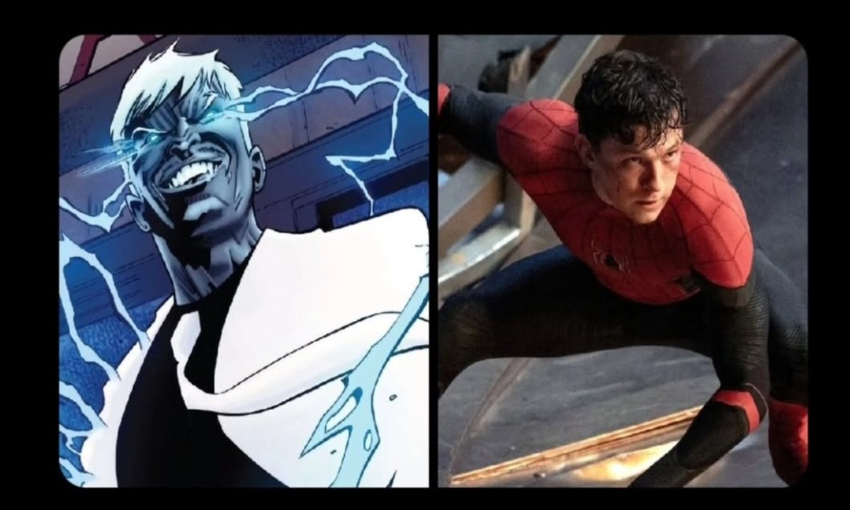 A comic depiction of Mister Negative with glowing eyes is juxtaposed with Tom Holland as Spider-Man crouching.