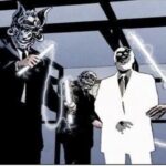 Mister Negative, in white, faces masked figures wielding glowing energy, in a stark setting.