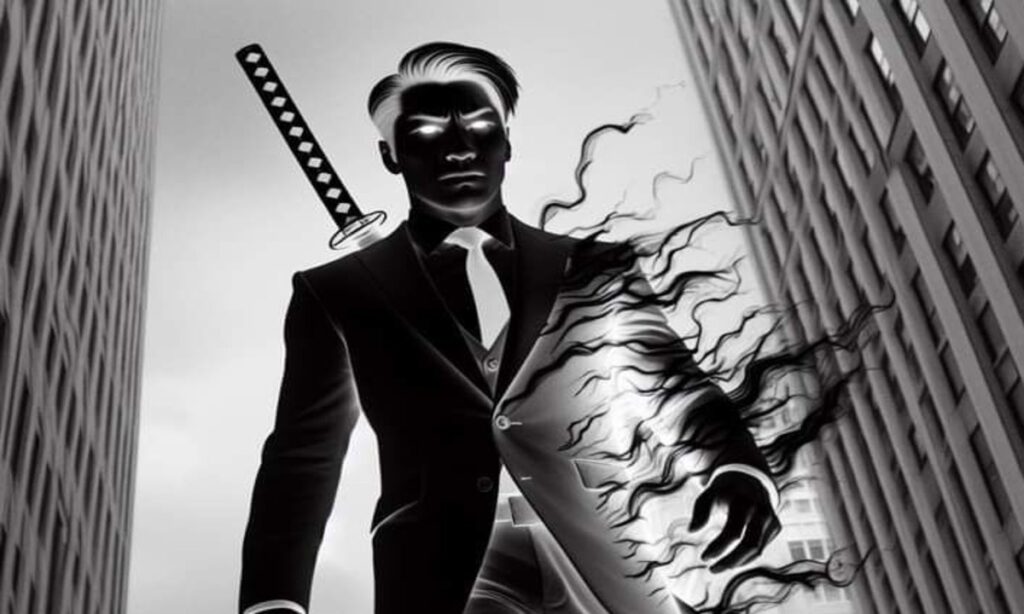 Mister Negative, in a suit with a sword, emanates dark energy between towering city buildings.