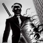 Mister Negative, in a suit with a sword, emanates dark energy between towering city buildings.