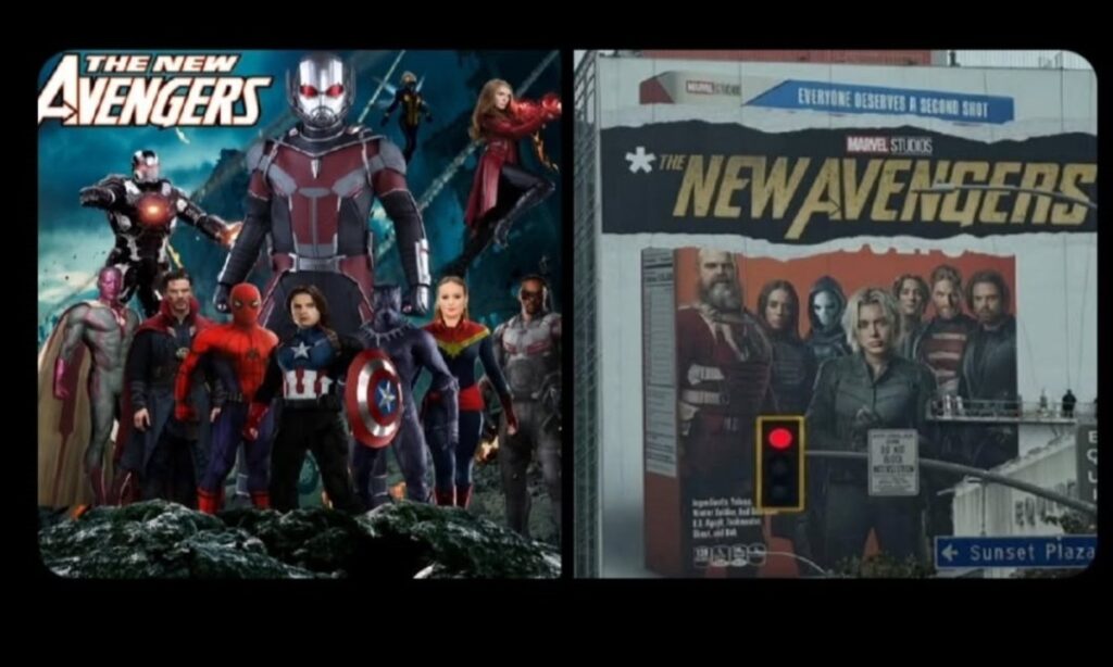 Fan-made Avengers lineup compared to MCU’s in-universe satirical billboard from Hawkeye series.