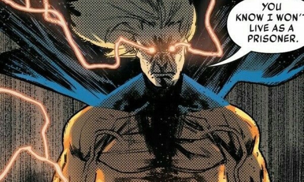 The Sentry, with glowing eyes and energy crackling, declares he will not live as a prisoner.