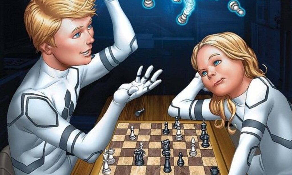 Franklin and Valeria Richards playing chess, wearing white suits, showcasing powers and intelligence together.