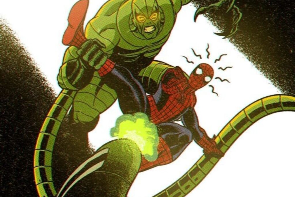 Spider-Man struggles as a green armored enemy grabs him with glowing mechanical tentacles.