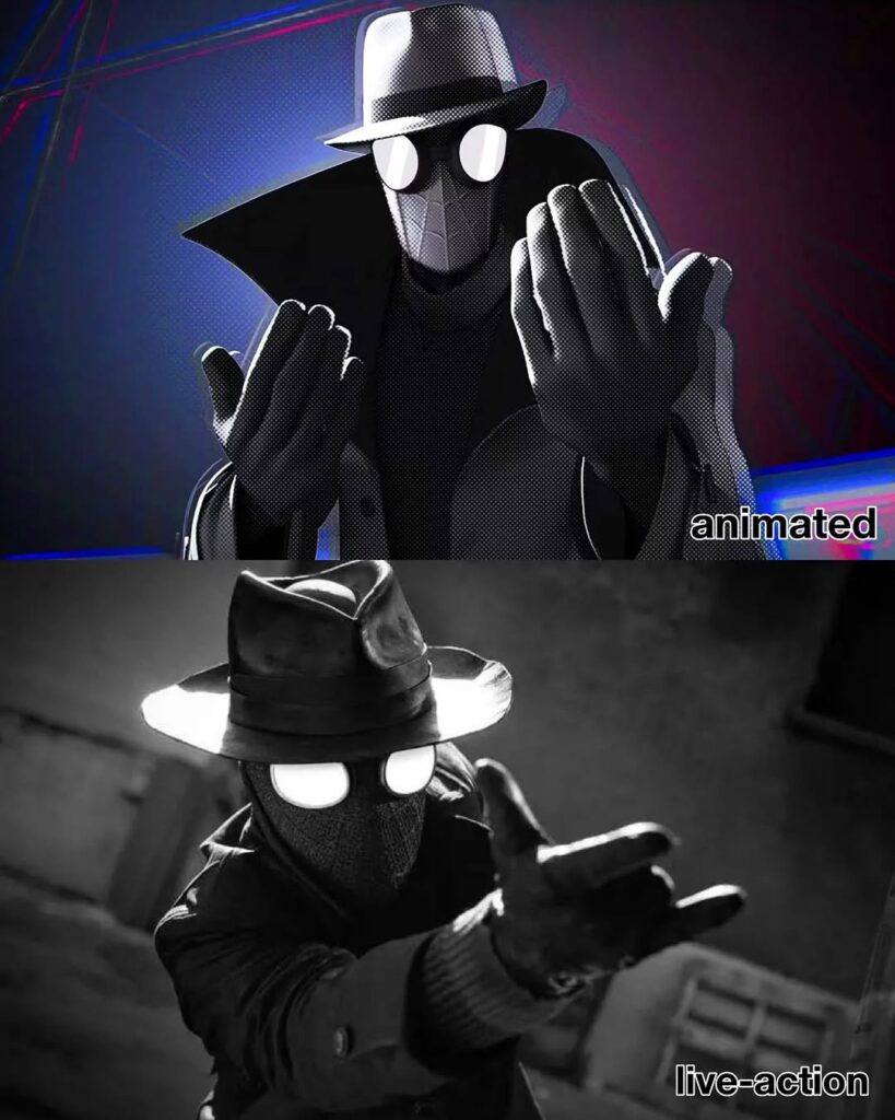Comparison of animated and live-action Spider-Noir, highlighting costume details and visual style.