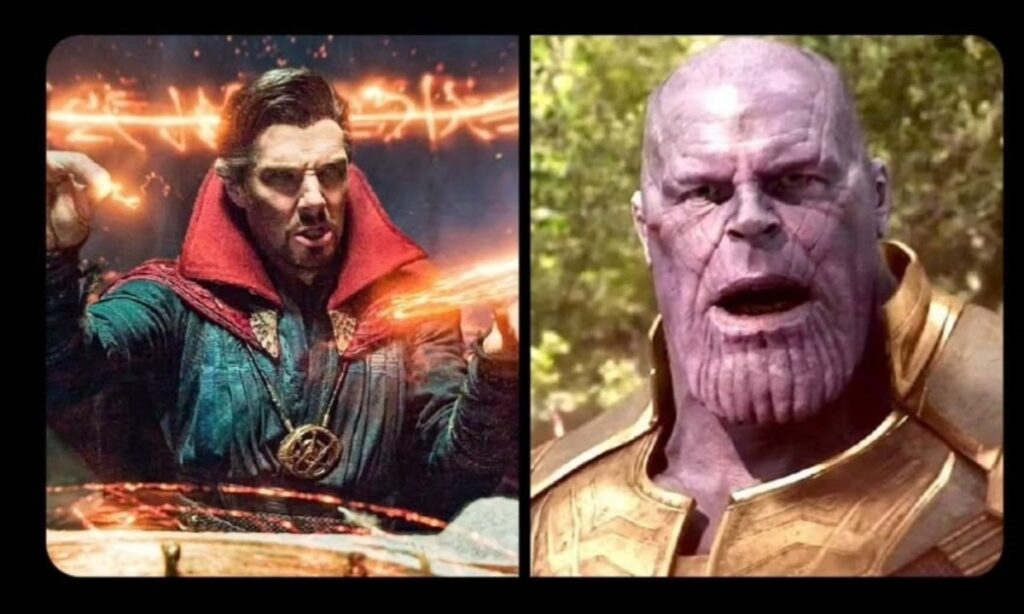 Doctor Strange casts spells facing Thanos, who appears to be speaking outdoors.
