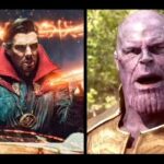 Doctor Strange casts spells facing Thanos, who appears to be speaking outdoors.