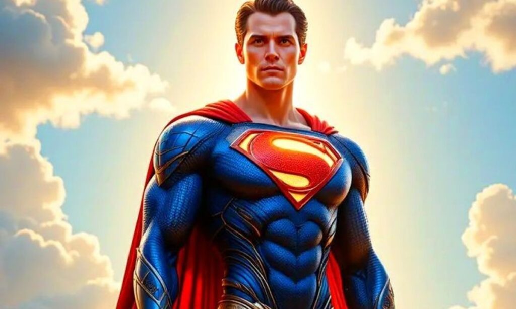 Superman, wearing his iconic blue and red suit with cape, stands powerfully against a bright, cloudy sky.