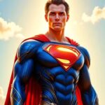 Superman, wearing his iconic blue and red suit with cape, stands powerfully against a bright, cloudy sky.