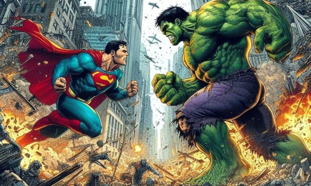 Superman and Hulk face off in a destructive battle in a crumbling cityscape.