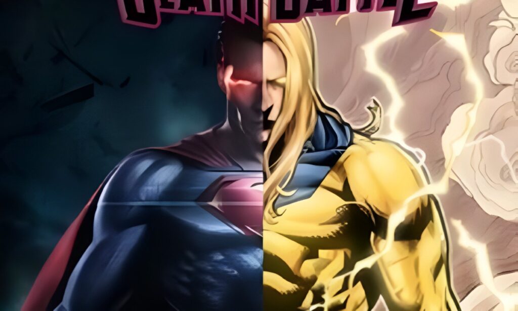 Half Superman and half Sentry face off in a dramatic, lightning-filled comic showdown.