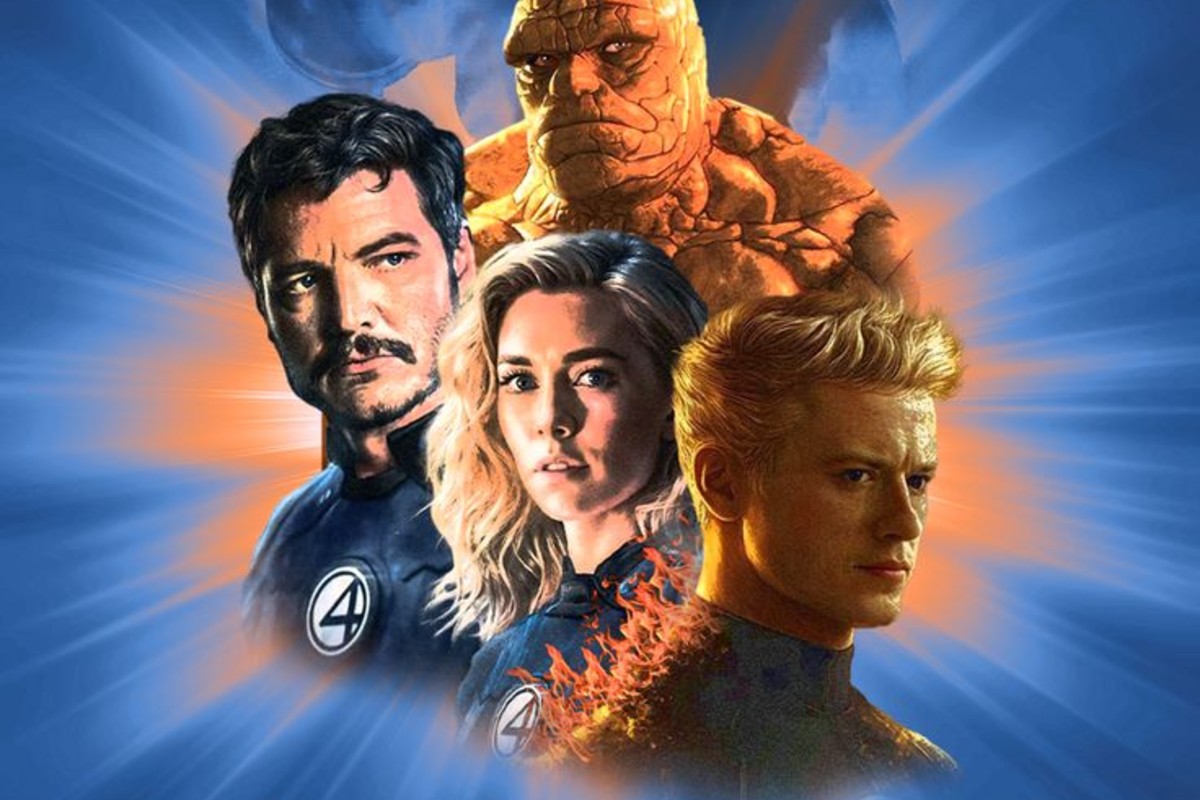 Mister Fantastic, Invisible Woman, Human Torch, and Thing are depicted heroically against a vibrant blue and orange backdrop.