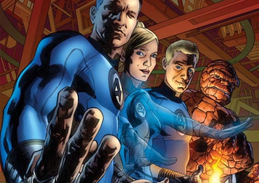 Mister Fantastic, Invisible Woman, Human Torch, and Thing stand together, ready for action in their blue uniforms.